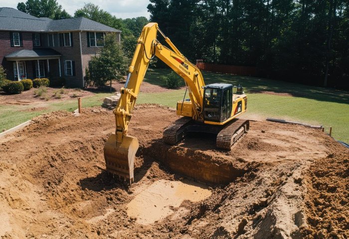 Excavator digging a house foundation