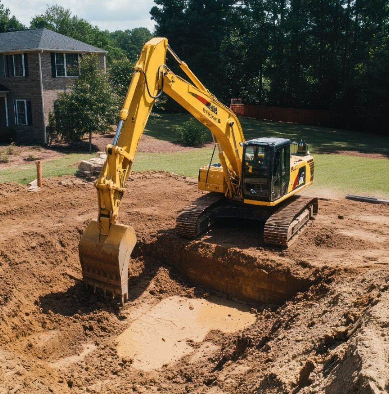 Excavator digging test pit showing depth to bedrock