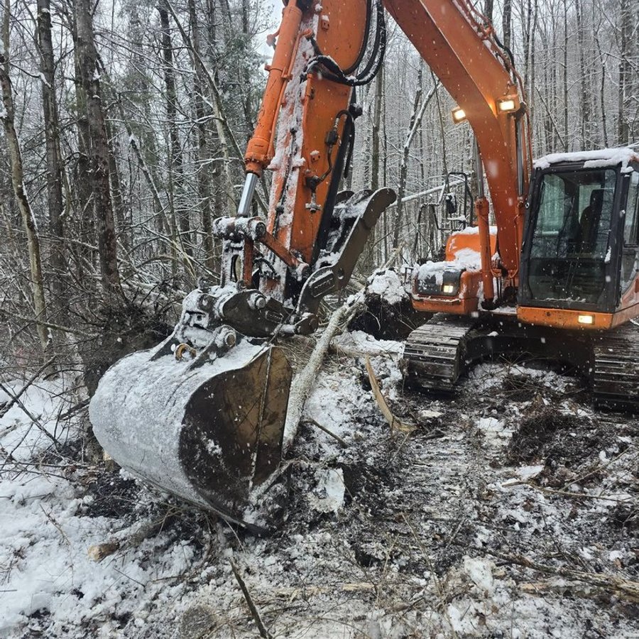 Excavator clearing brush and trees in snowy woods