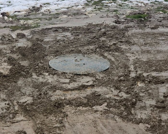 Septic tank cover set at grade in a freshly regraded yard